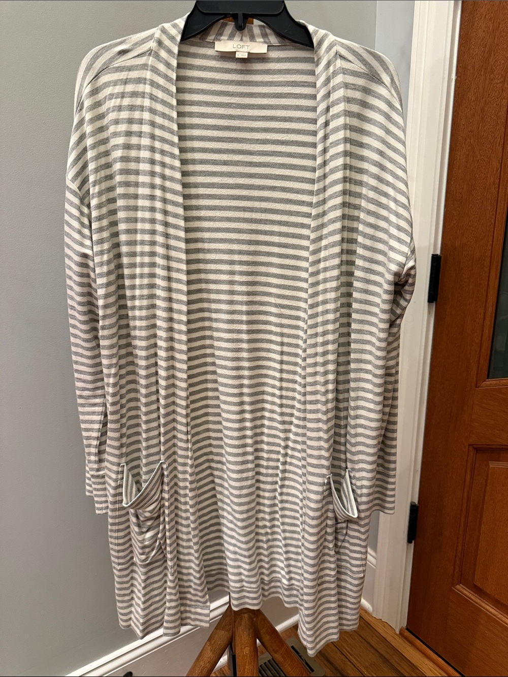 LOFT XL Soft Gray and White Striped Open Cardigan